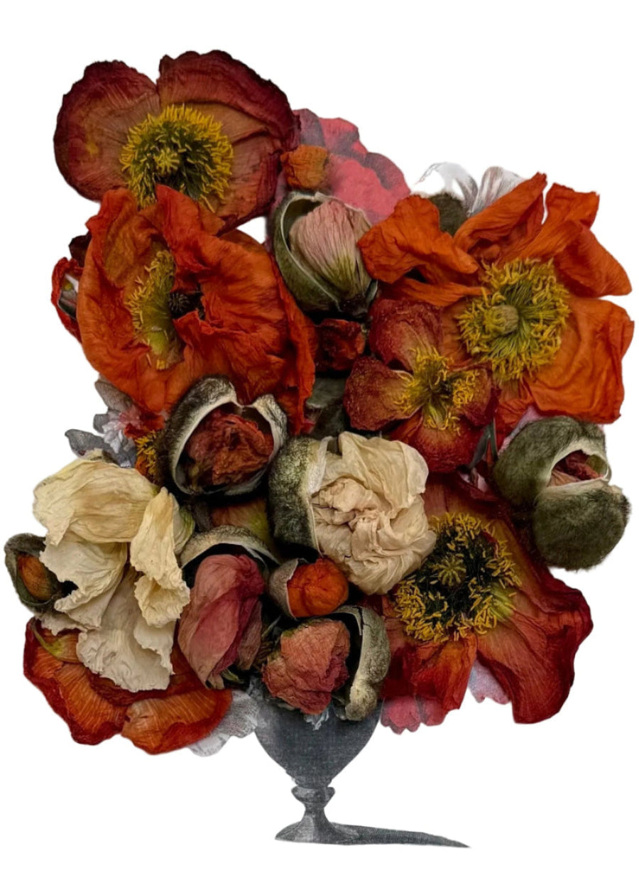 Handcrafted floral collage with dried poppies and paper elements juxtaposed with small vase.