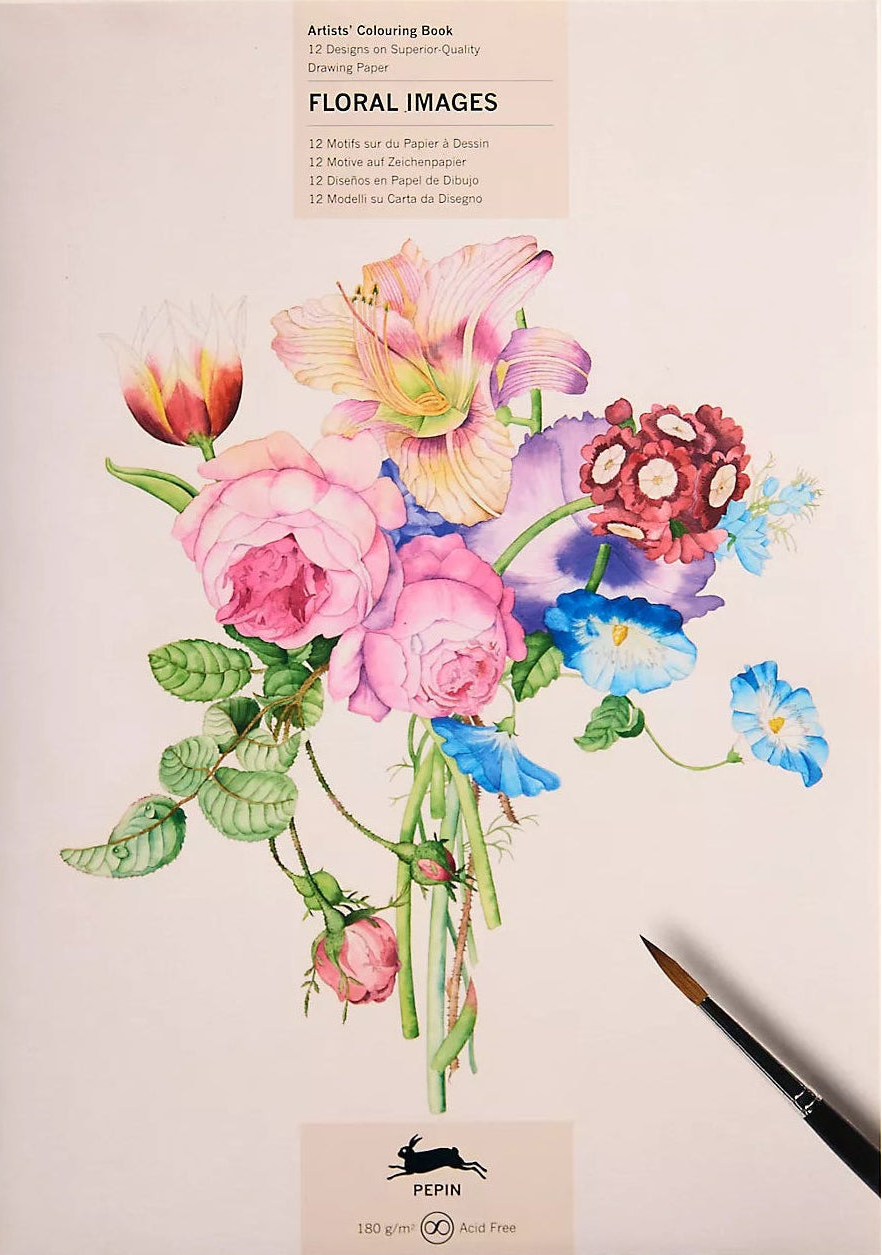 A coloring book titled 'Floral Images' by Pepin includes 12 sheets of artist quality drawing paper with floral designs.
